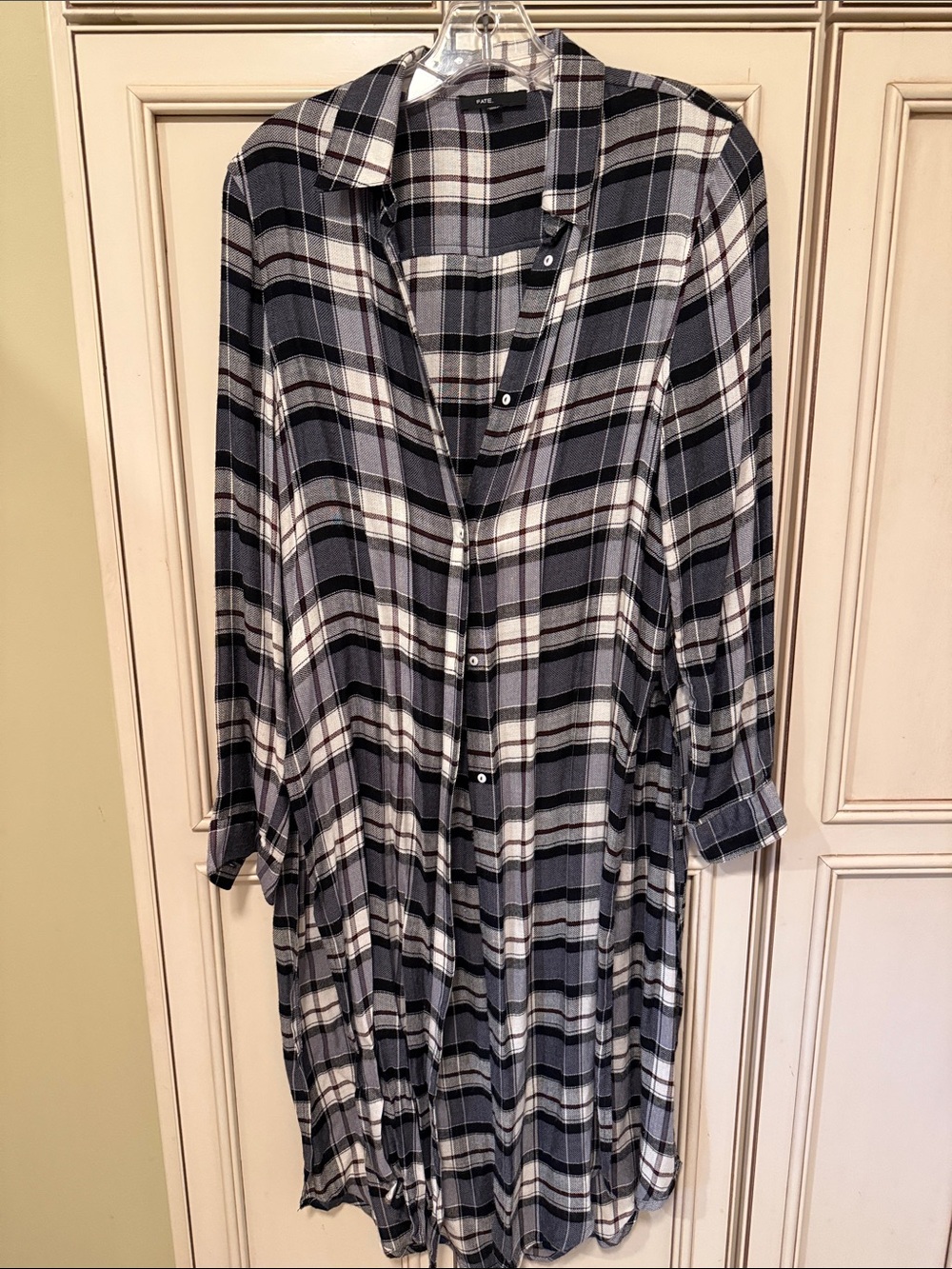 Fate Long-Sleeve Plaid Shirt Dress in Black & White